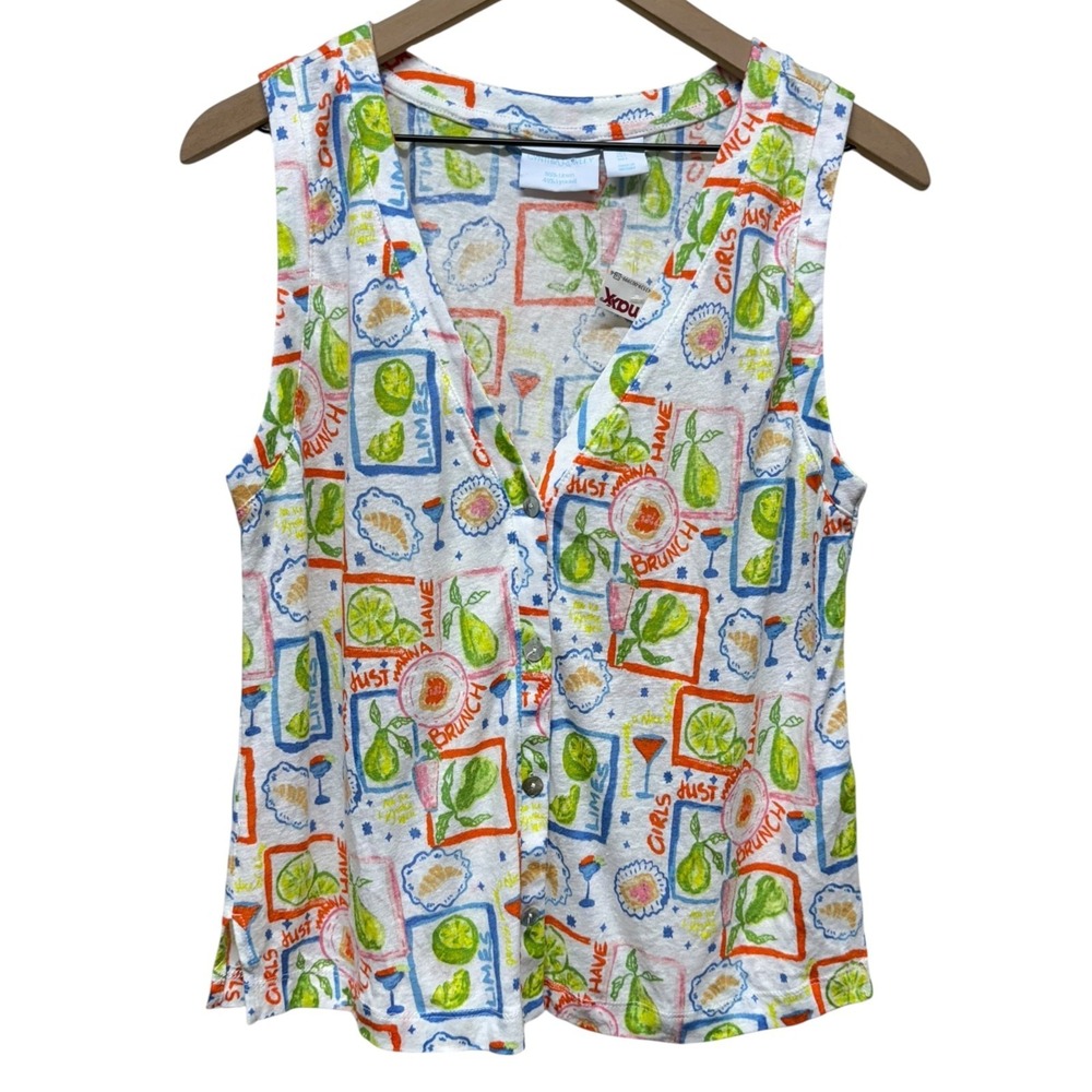 Cynthia Rowley Linen Blend Button Up‎ Top Womens L Sleeveless Resort Coastal